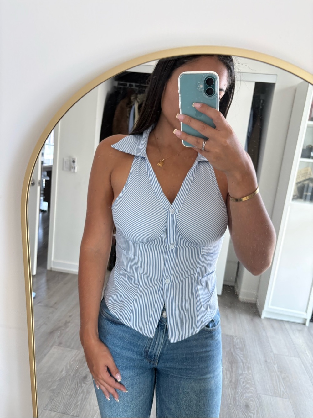 SHEIN Blue White Striped Halter Button-Front Top